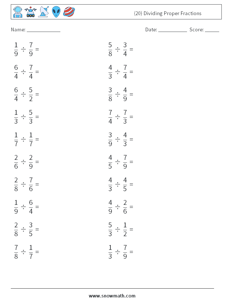 (20) Dividing Proper Fractions Math Worksheets 16
