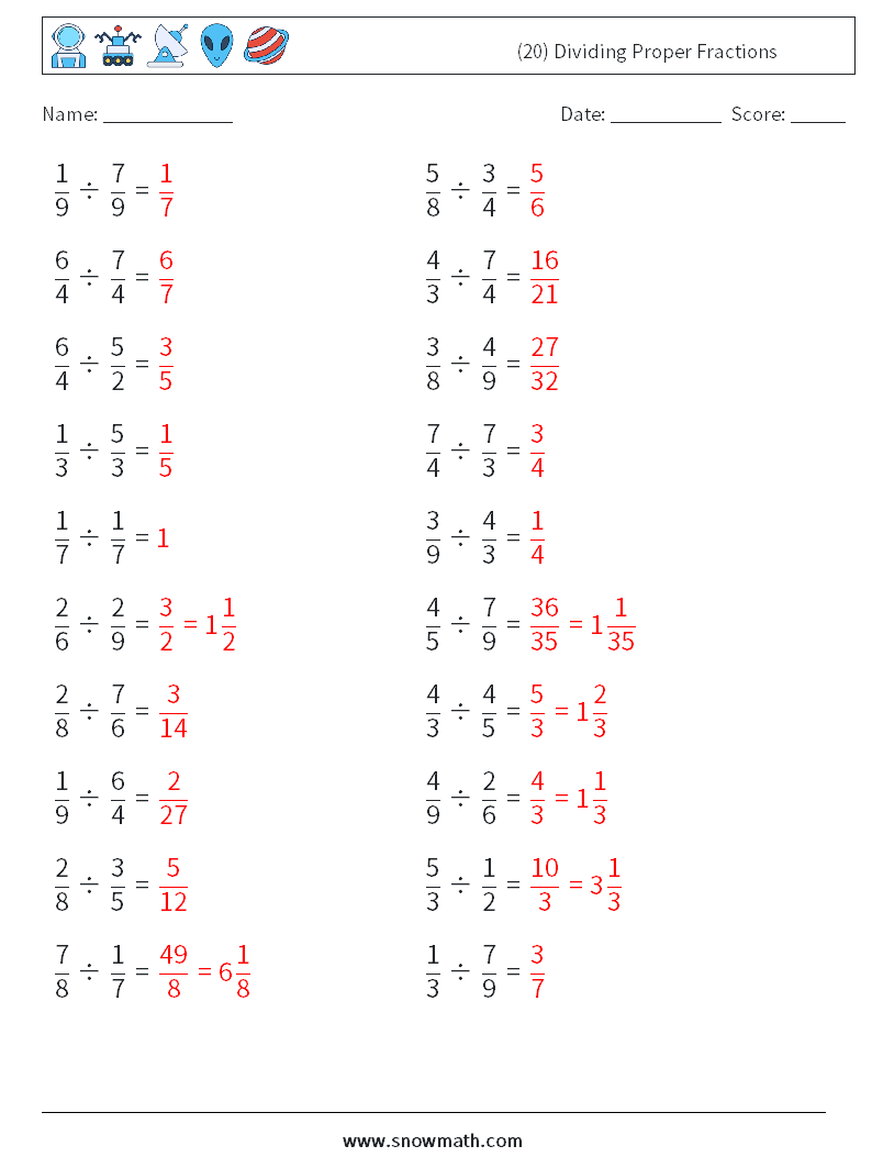 (20) Dividing Proper Fractions Math Worksheets 16 Question, Answer