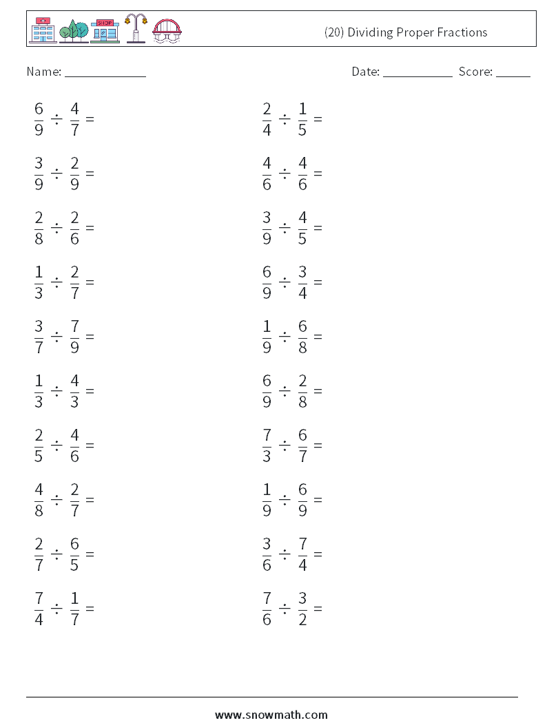 (20) Dividing Proper Fractions Maths Worksheets 17