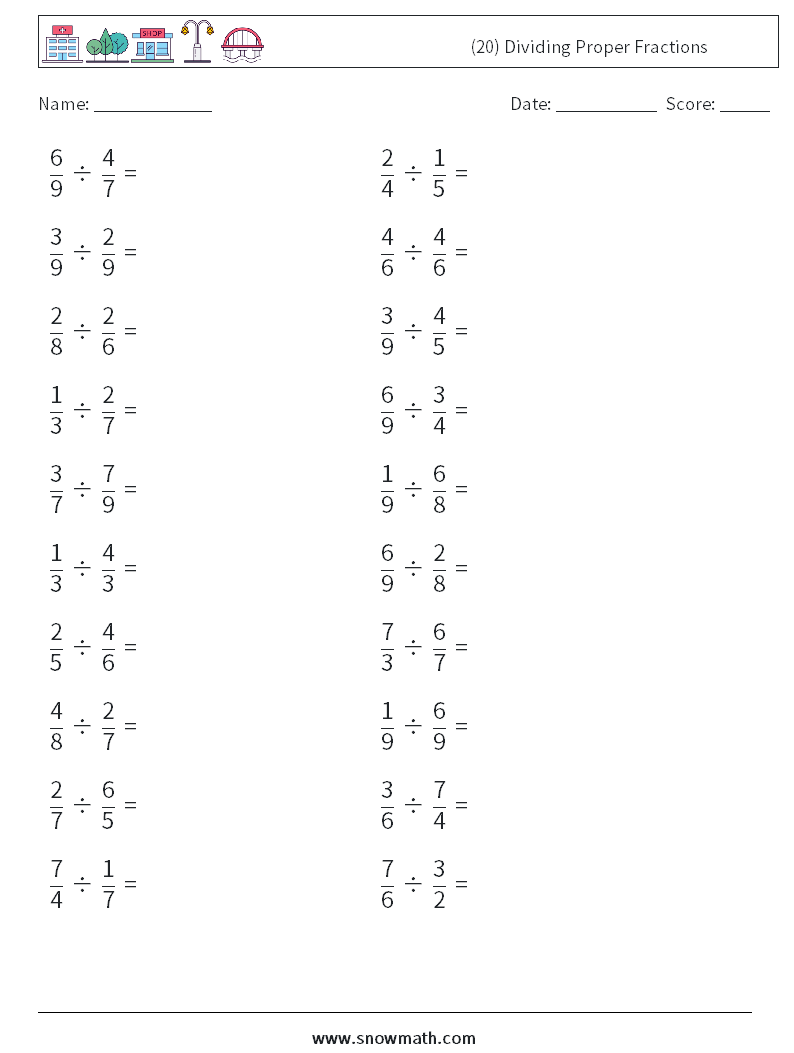 (20) Dividing Proper Fractions Math Worksheets 17