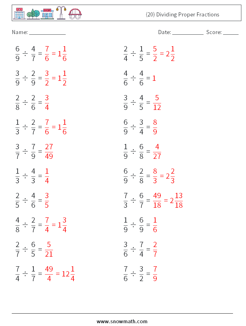 (20) Dividing Proper Fractions Math Worksheets 17 Question, Answer