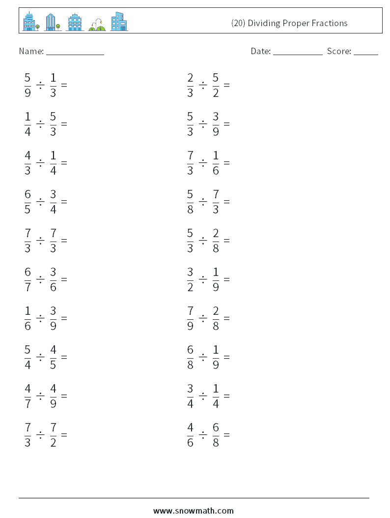 (20) Dividing Proper Fractions Math Worksheets 18