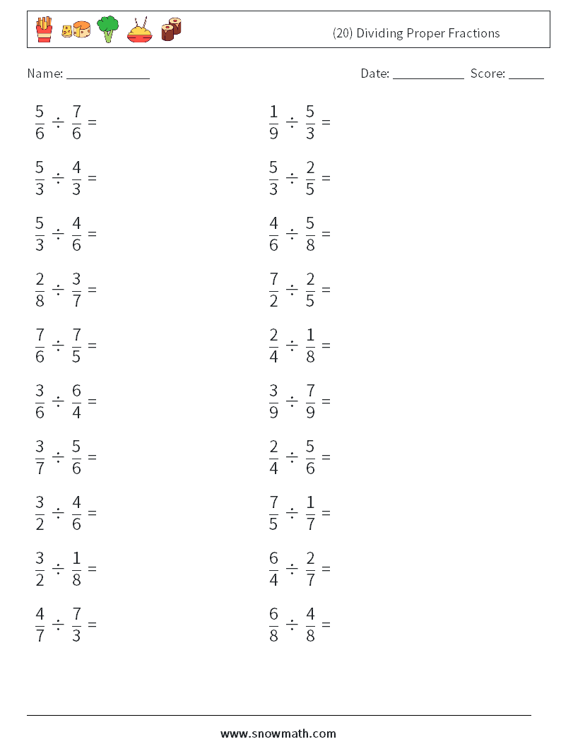 (20) Dividing Proper Fractions Math Worksheets 2