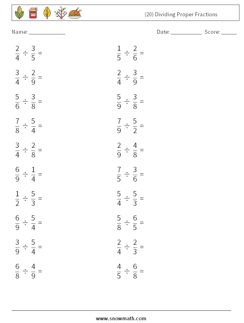 (20) Dividing Proper Fractions Math Worksheets 3