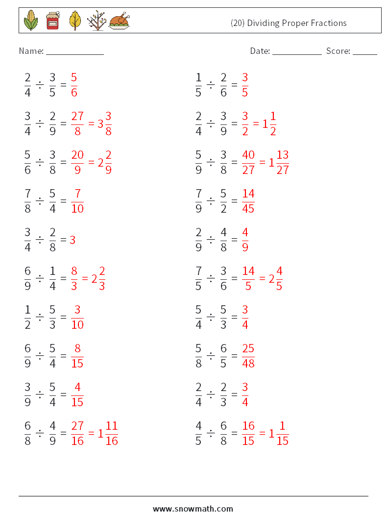 (20) Dividing Proper Fractions Math Worksheets 3 Question, Answer