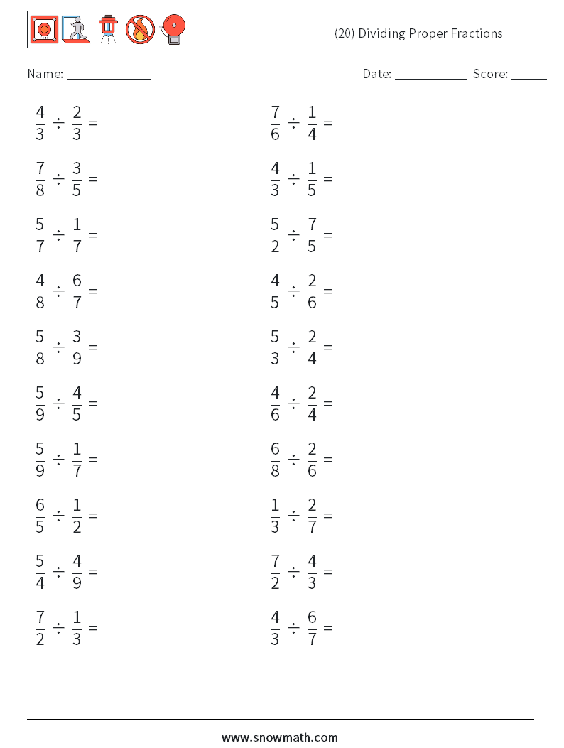 (20) Dividing Proper Fractions Math Worksheets 5