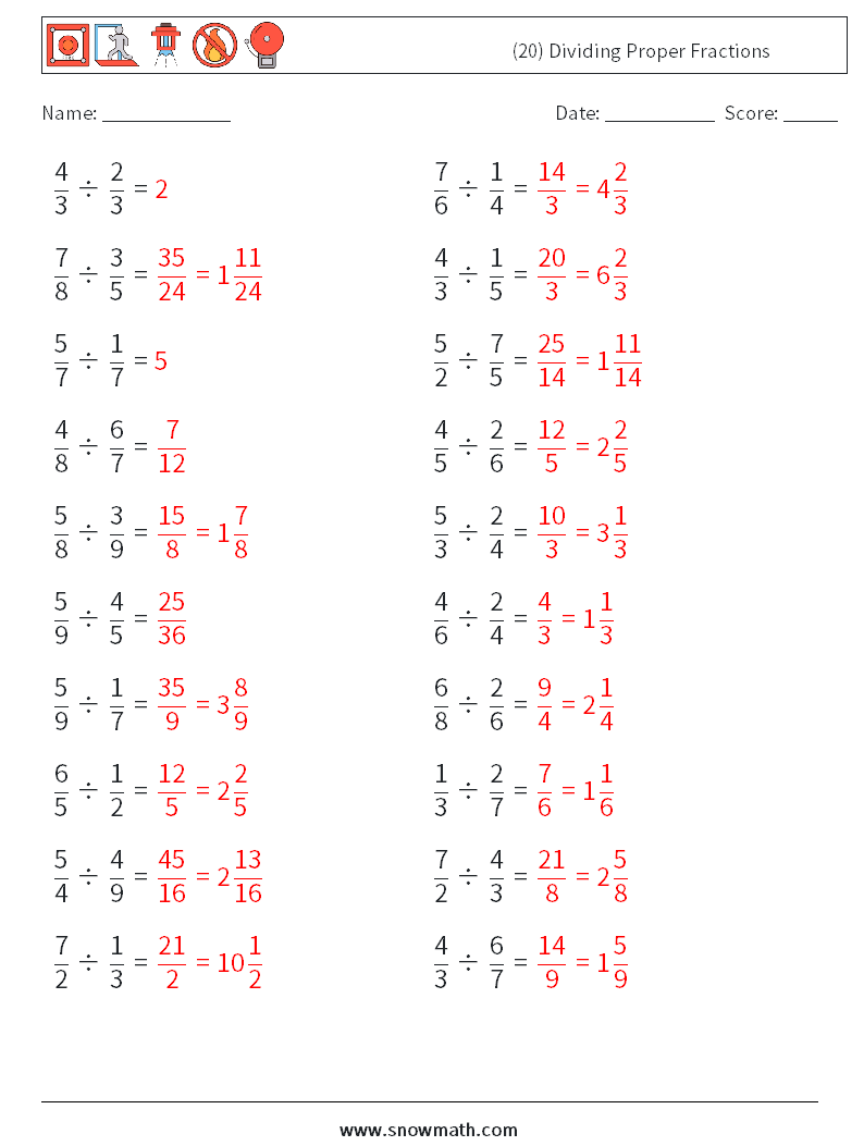 (20) Dividing Proper Fractions Math Worksheets 5 Question, Answer