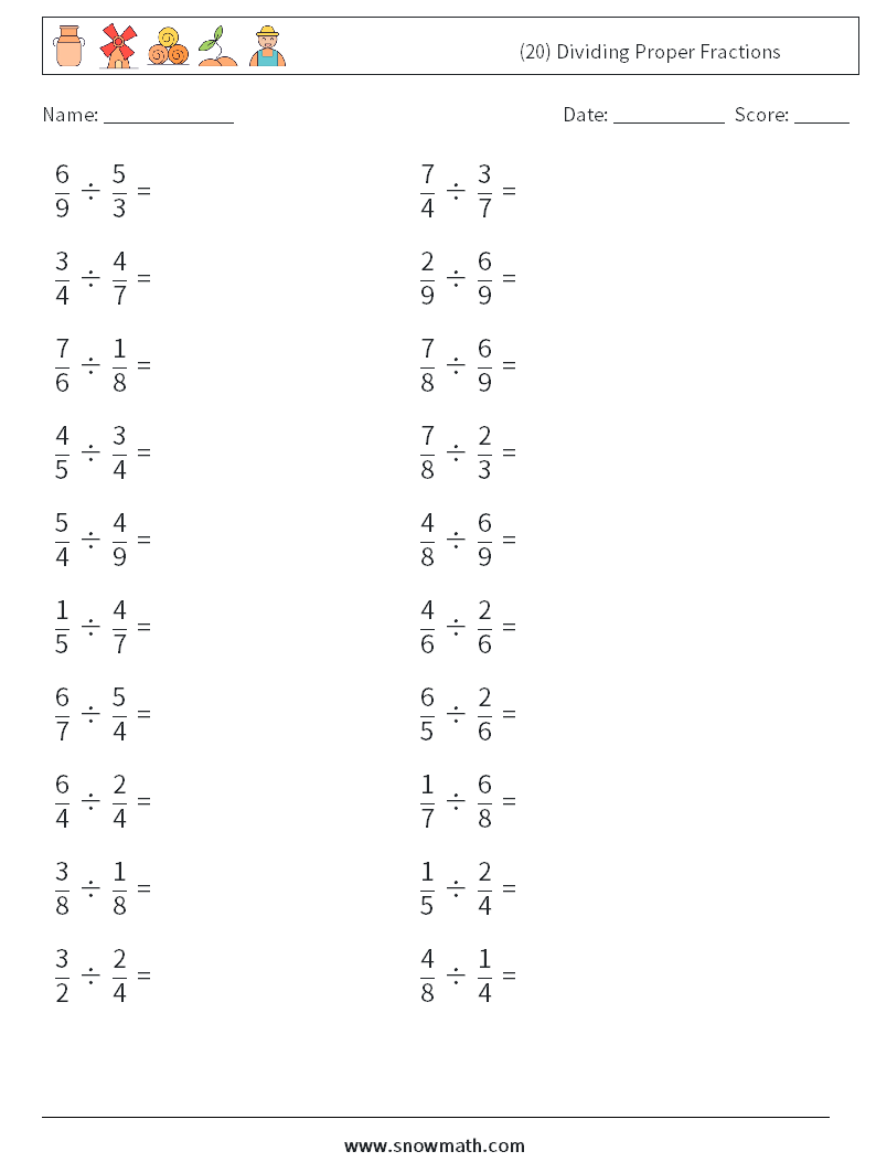 (20) Dividing Proper Fractions Math Worksheets 6