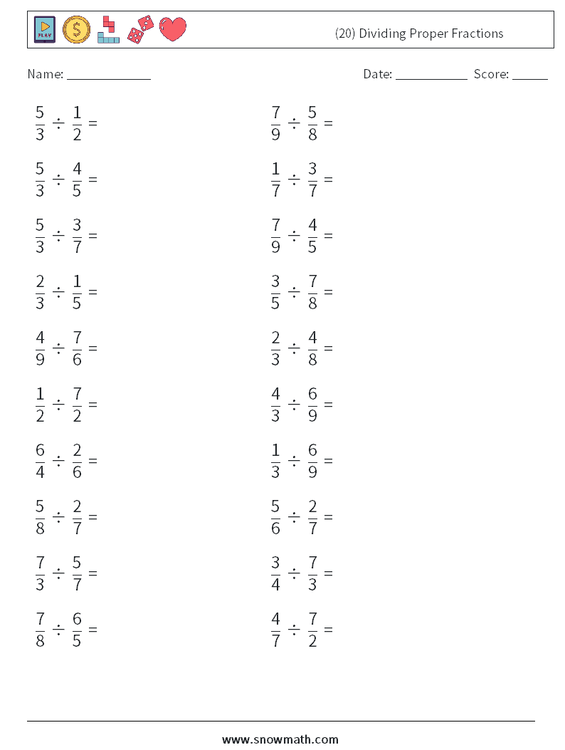 (20) Dividing Proper Fractions Math Worksheets 7