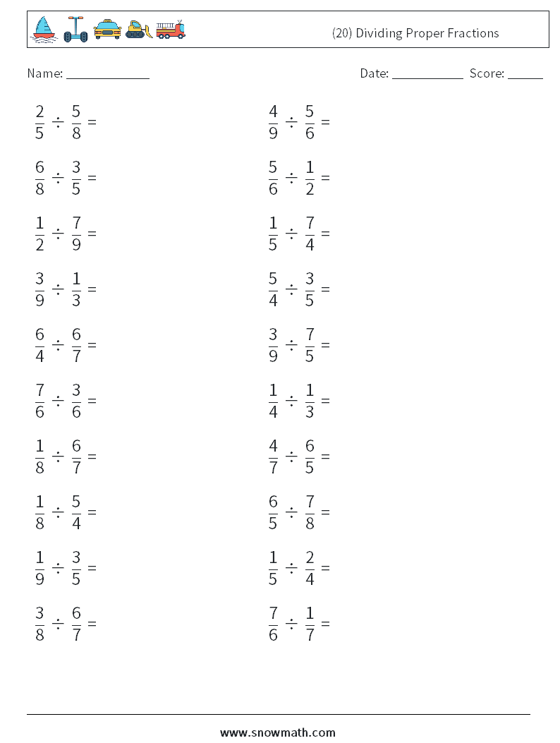 (20) Dividing Proper Fractions Maths Worksheets 9