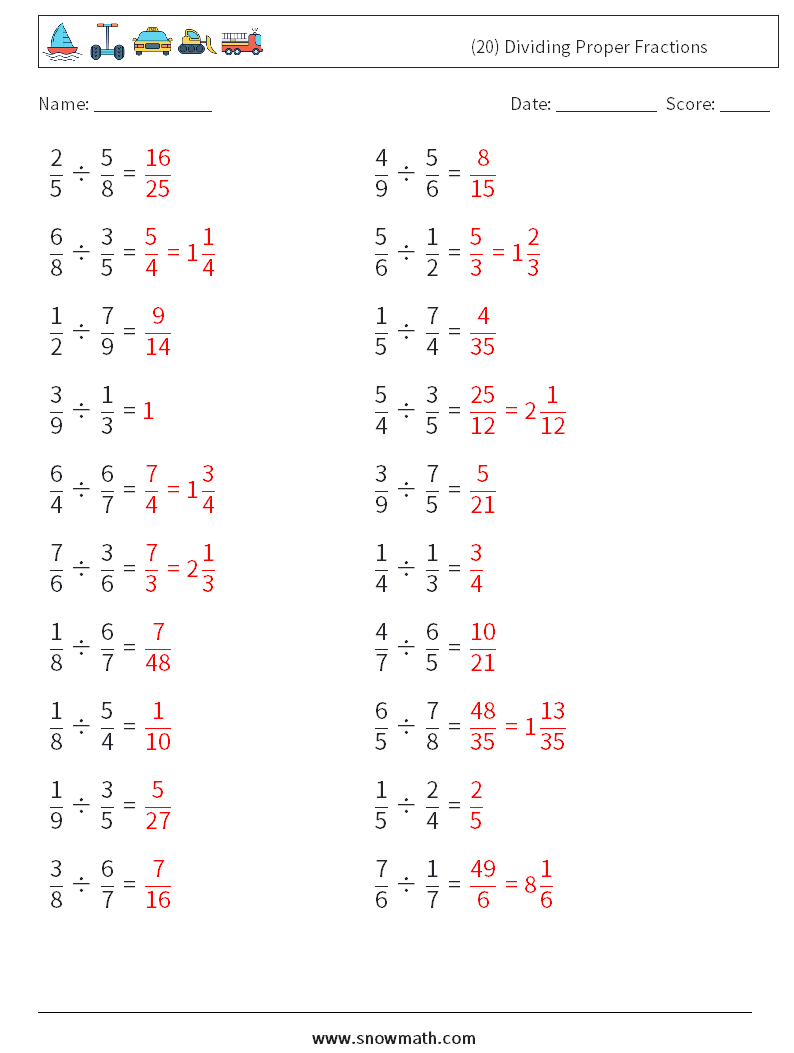 (20) Dividing Proper Fractions Math Worksheets 9 Question, Answer