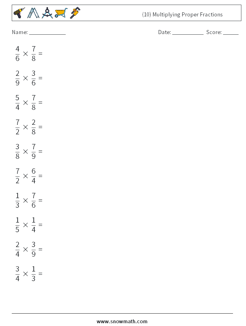 (10) Multiplying Proper Fractions Maths Worksheets 1