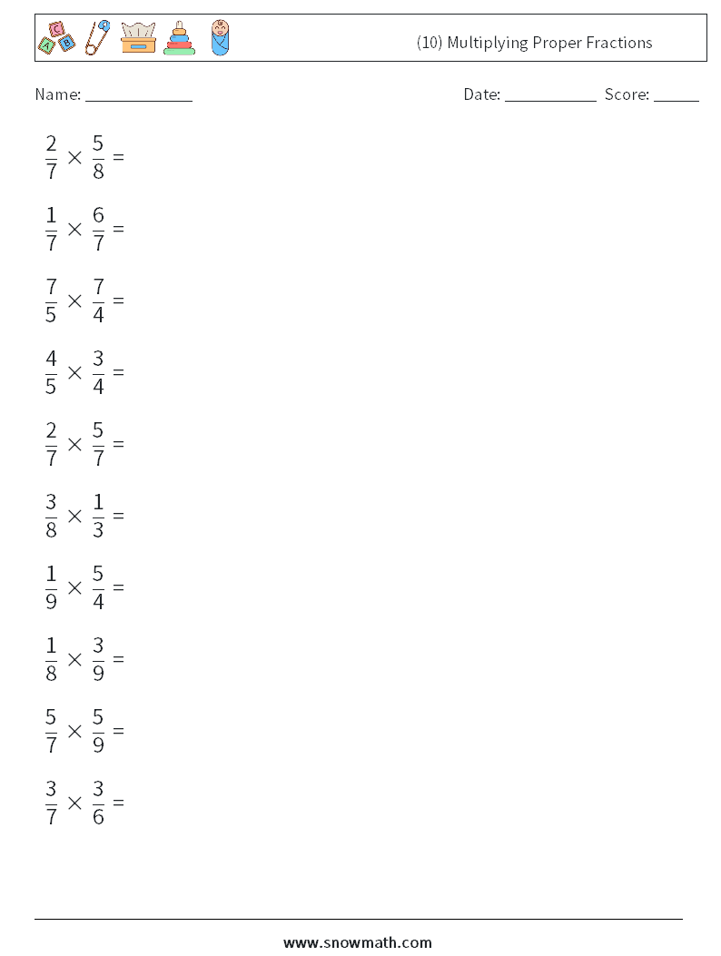 (10) Multiplying Proper Fractions Math Worksheets 10