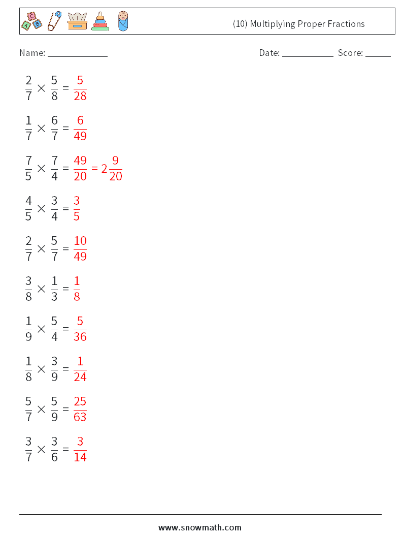 (10) Multiplying Proper Fractions Math Worksheets 10 Question, Answer