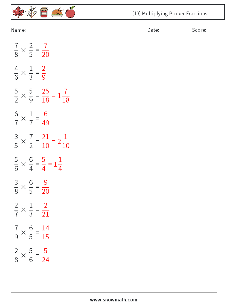 (10) Multiplying Proper Fractions Math Worksheets 11 Question, Answer