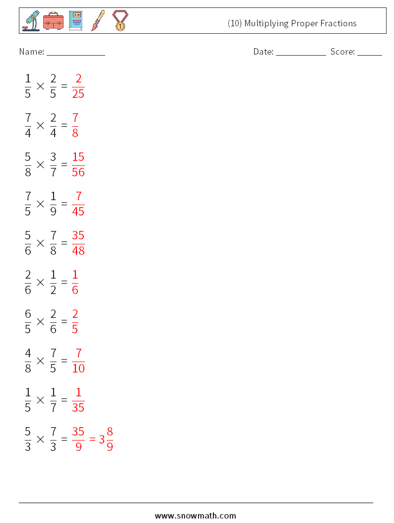 (10) Multiplying Proper Fractions Math Worksheets 12 Question, Answer