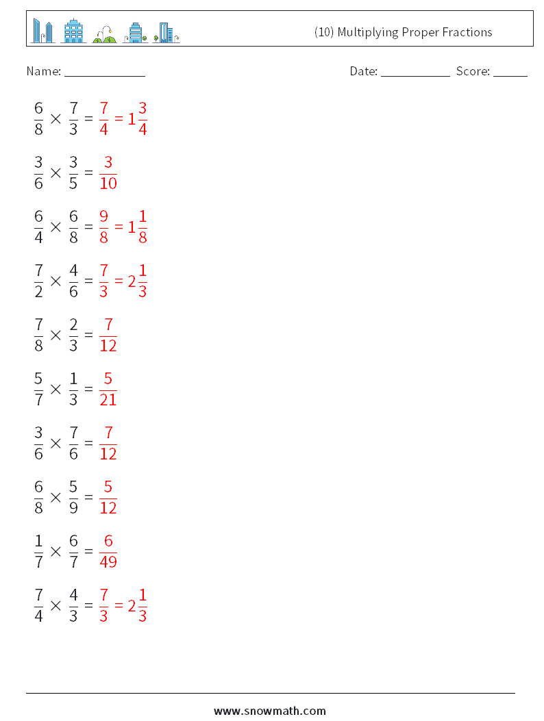 (10) Multiplying Proper Fractions Math Worksheets 13 Question, Answer