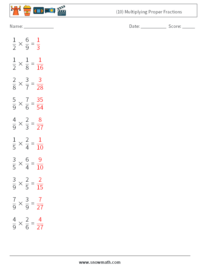 (10) Multiplying Proper Fractions Math Worksheets 14 Question, Answer