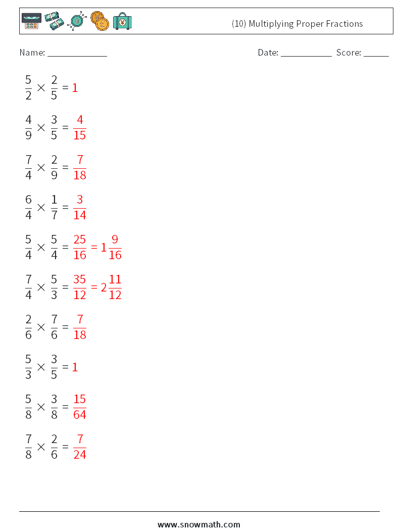 (10) Multiplying Proper Fractions Math Worksheets 15 Question, Answer