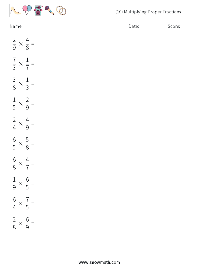 (10) Multiplying Proper Fractions Math Worksheets 16