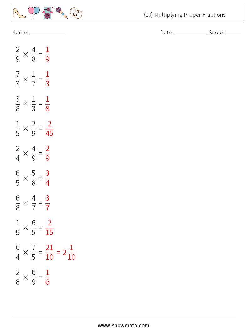 (10) Multiplying Proper Fractions Math Worksheets 16 Question, Answer