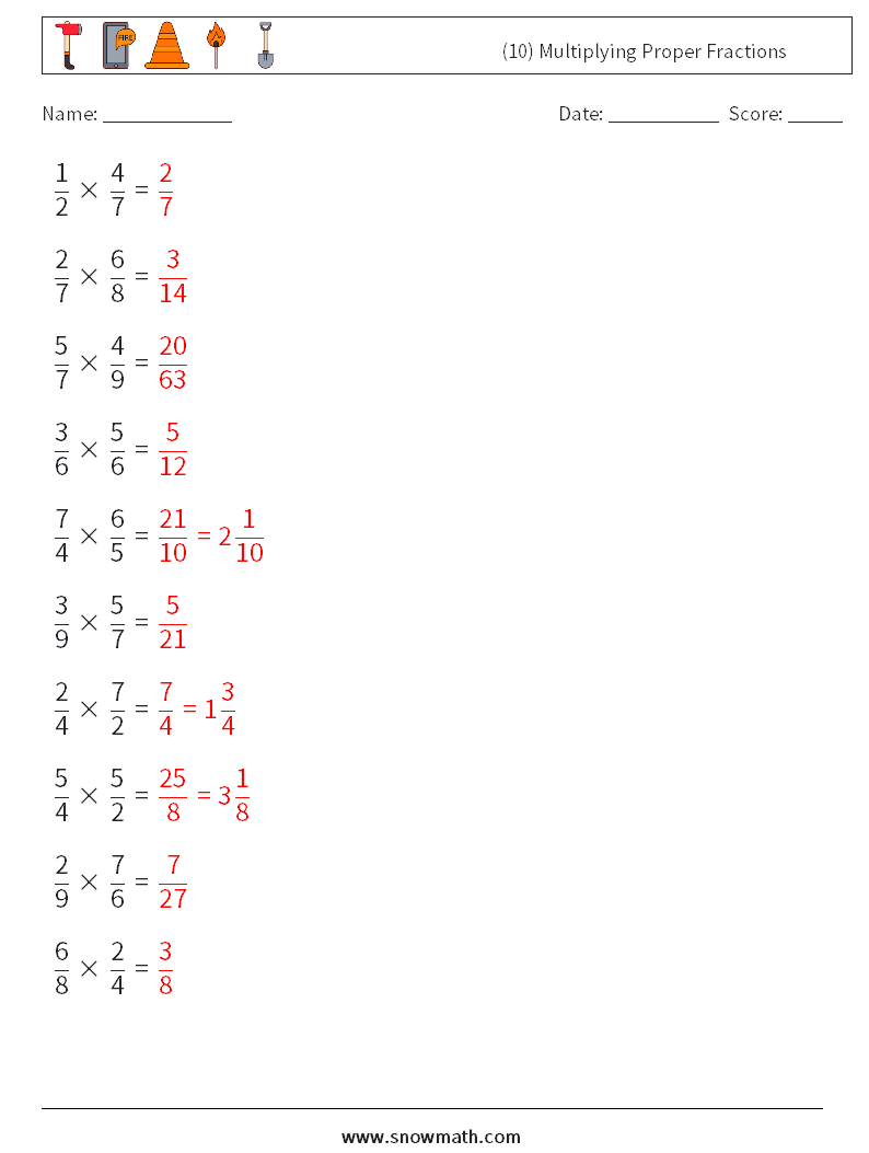 (10) Multiplying Proper Fractions Math Worksheets 17 Question, Answer