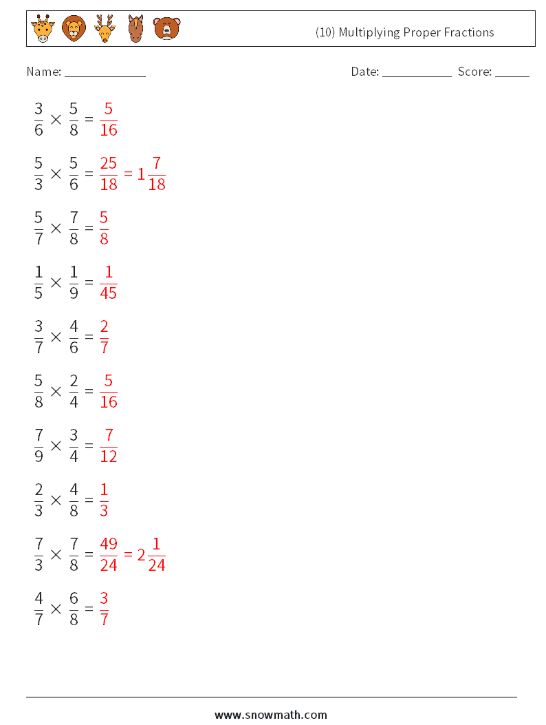 (10) Multiplying Proper Fractions Math Worksheets 3 Question, Answer