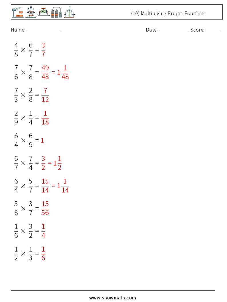 (10) Multiplying Proper Fractions Math Worksheets 7 Question, Answer