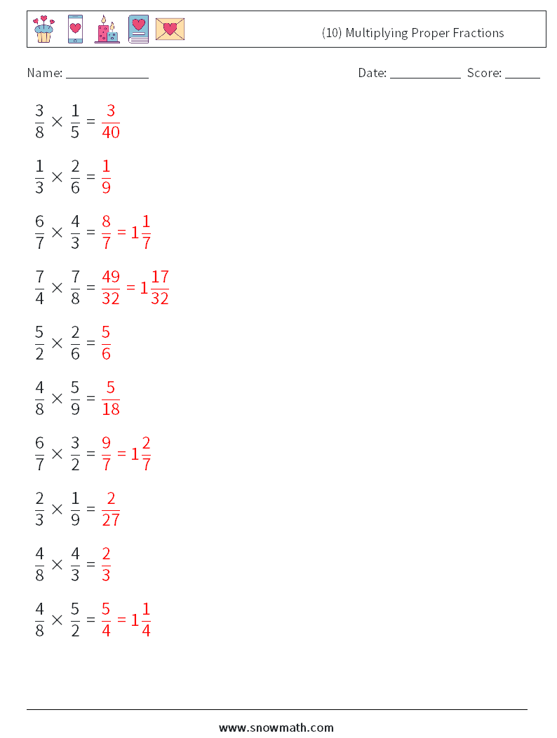 (10) Multiplying Proper Fractions Math Worksheets 8 Question, Answer