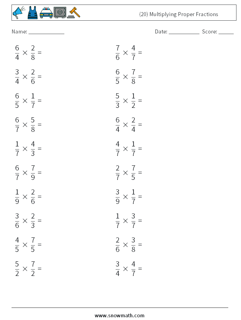 (20) Multiplying Proper Fractions Math Worksheets 1