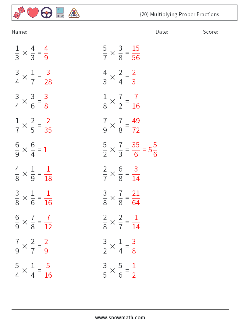 (20) Multiplying Proper Fractions Math Worksheets 10 Question, Answer