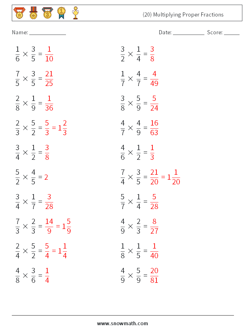 (20) Multiplying Proper Fractions Math Worksheets 11 Question, Answer