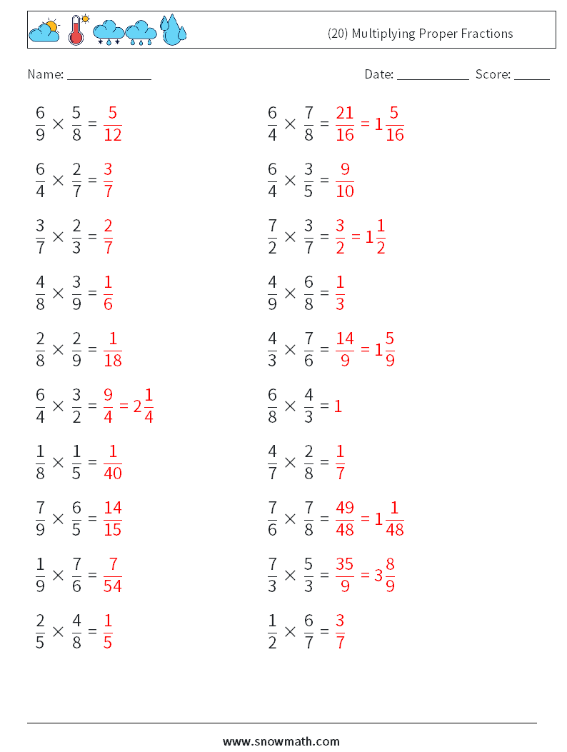 (20) Multiplying Proper Fractions Math Worksheets 12 Question, Answer