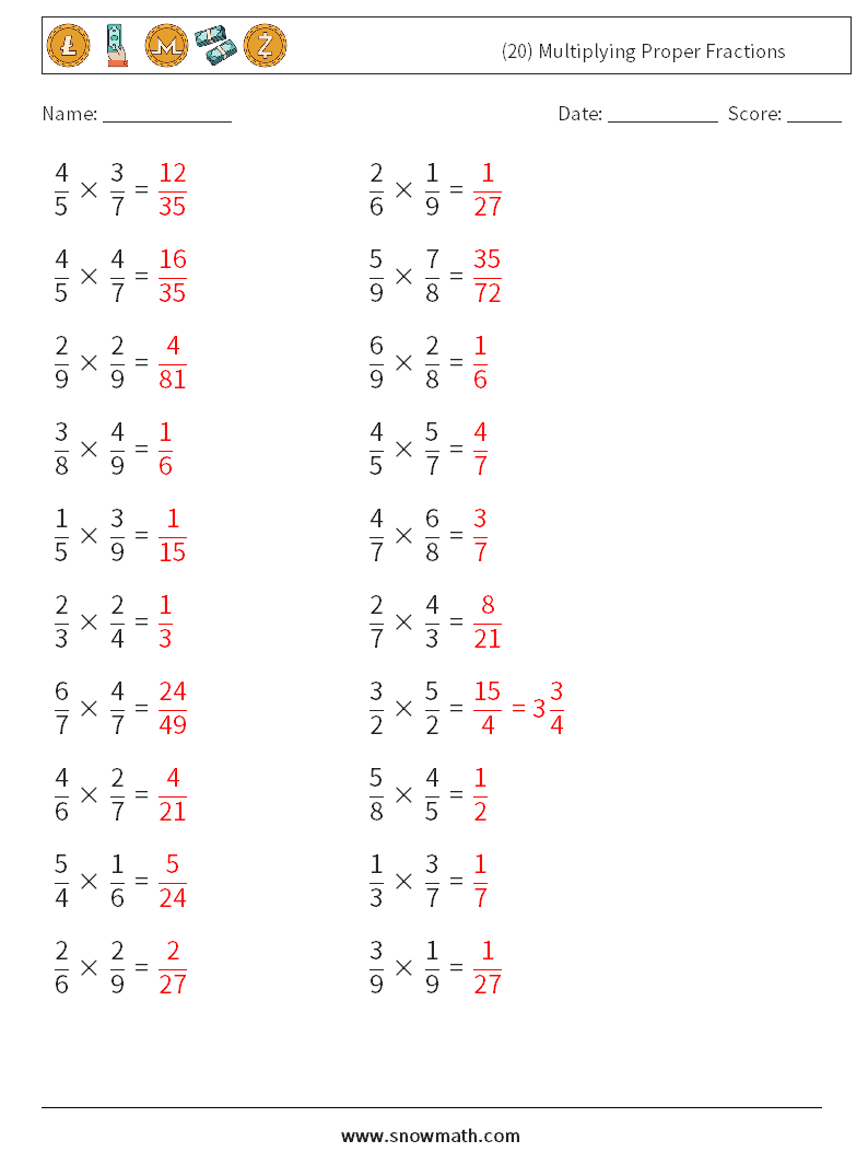 (20) Multiplying Proper Fractions Math Worksheets 13 Question, Answer
