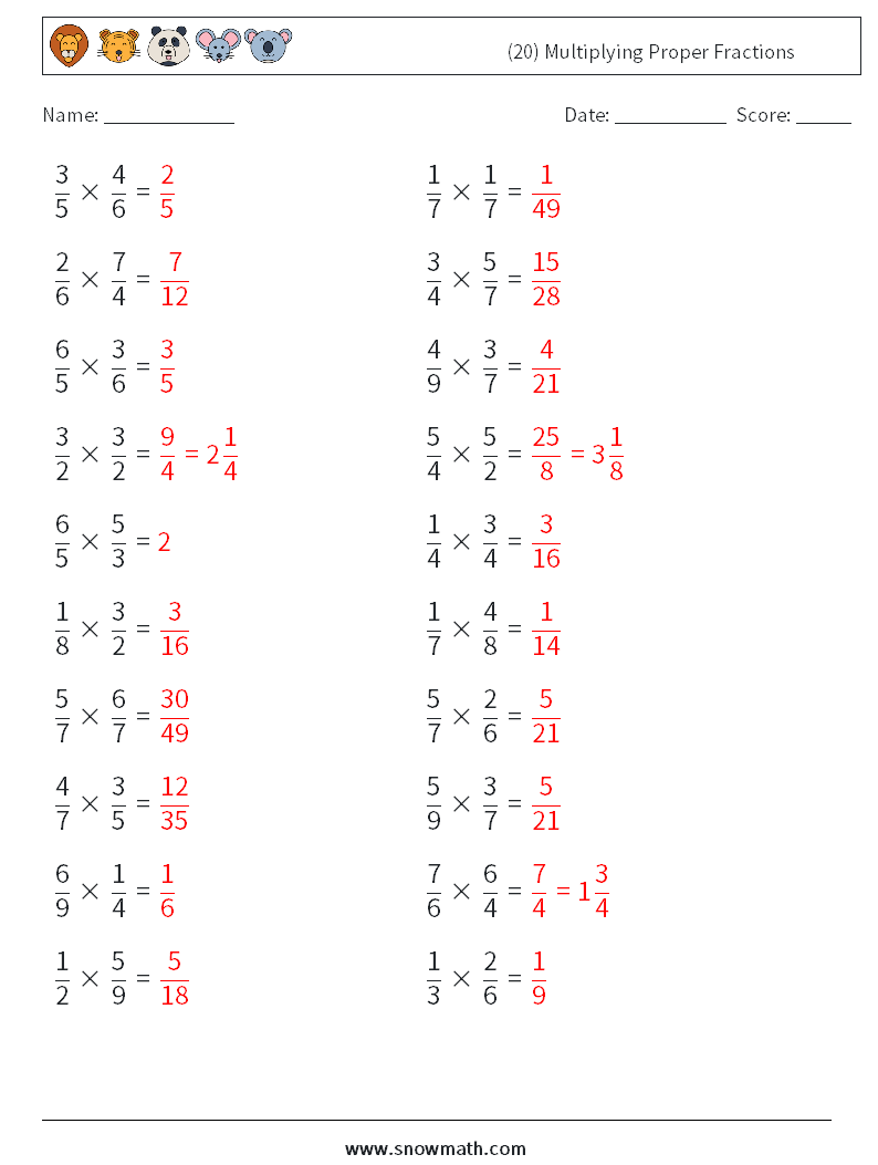(20) Multiplying Proper Fractions Math Worksheets 14 Question, Answer