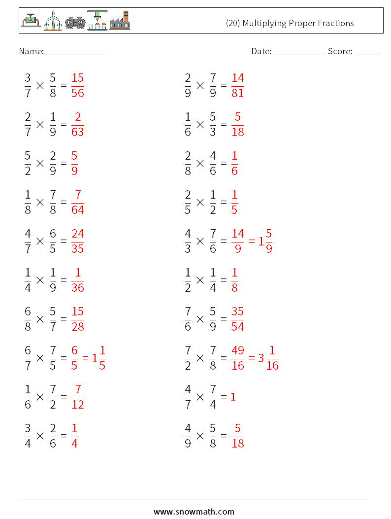 (20) Multiplying Proper Fractions Math Worksheets 15 Question, Answer