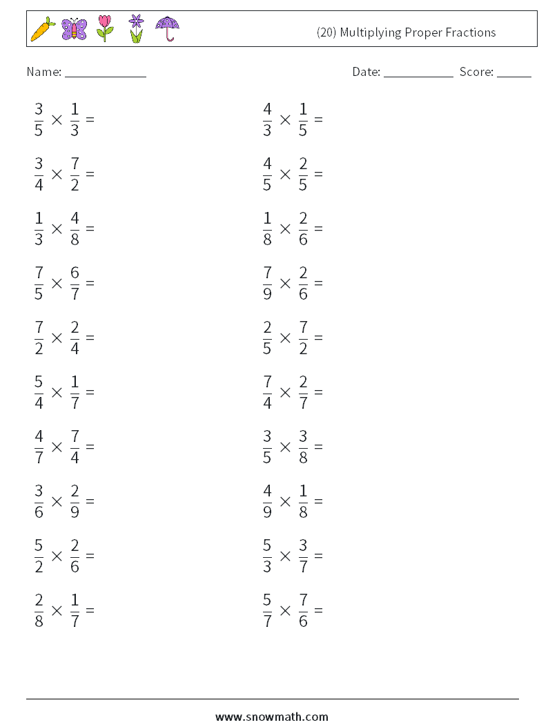 (20) Multiplying Proper Fractions Math Worksheets 16