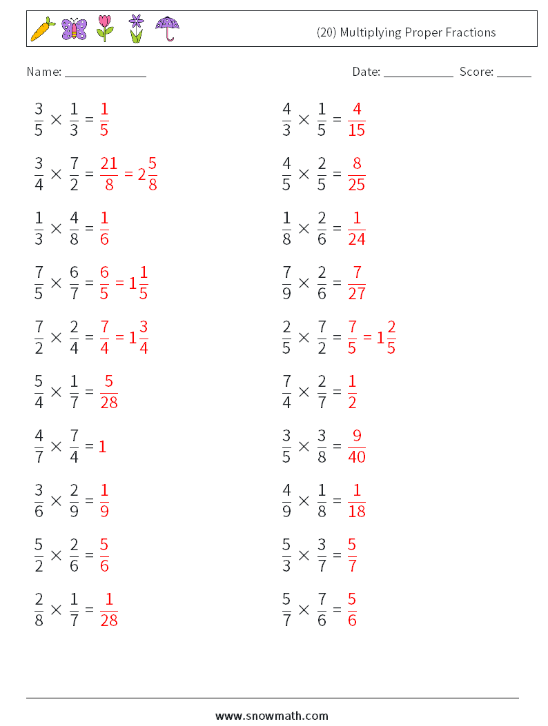 (20) Multiplying Proper Fractions Math Worksheets 16 Question, Answer