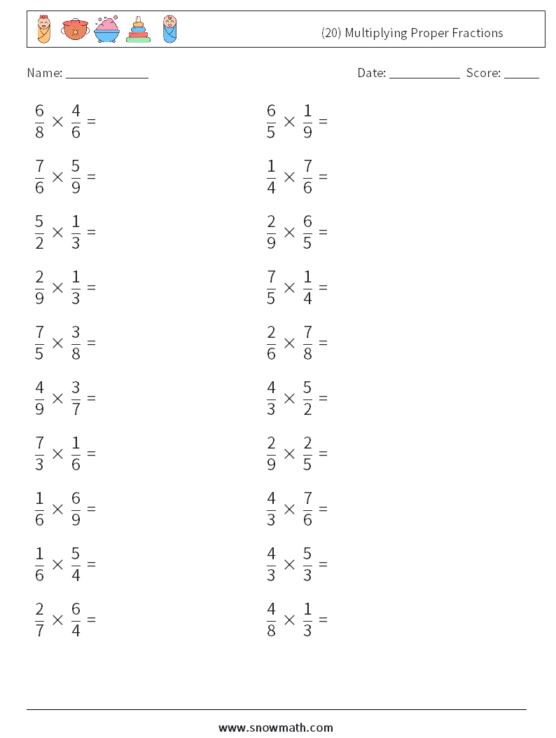 (20) Multiplying Proper Fractions Math Worksheets 17