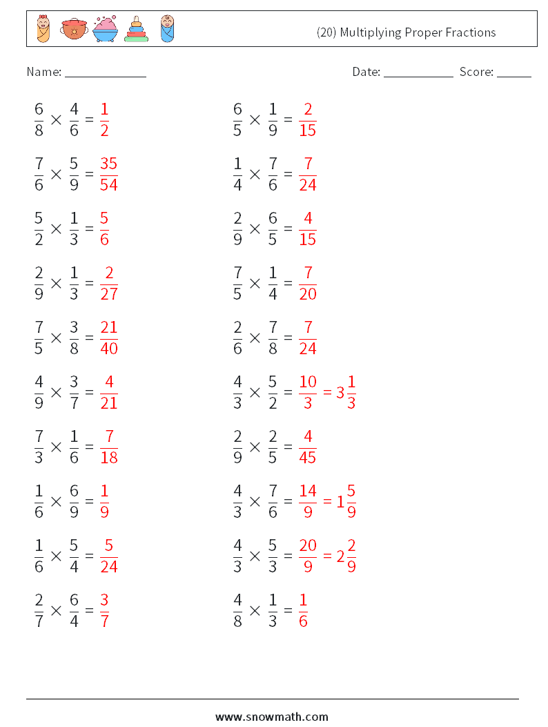 (20) Multiplying Proper Fractions Math Worksheets 17 Question, Answer