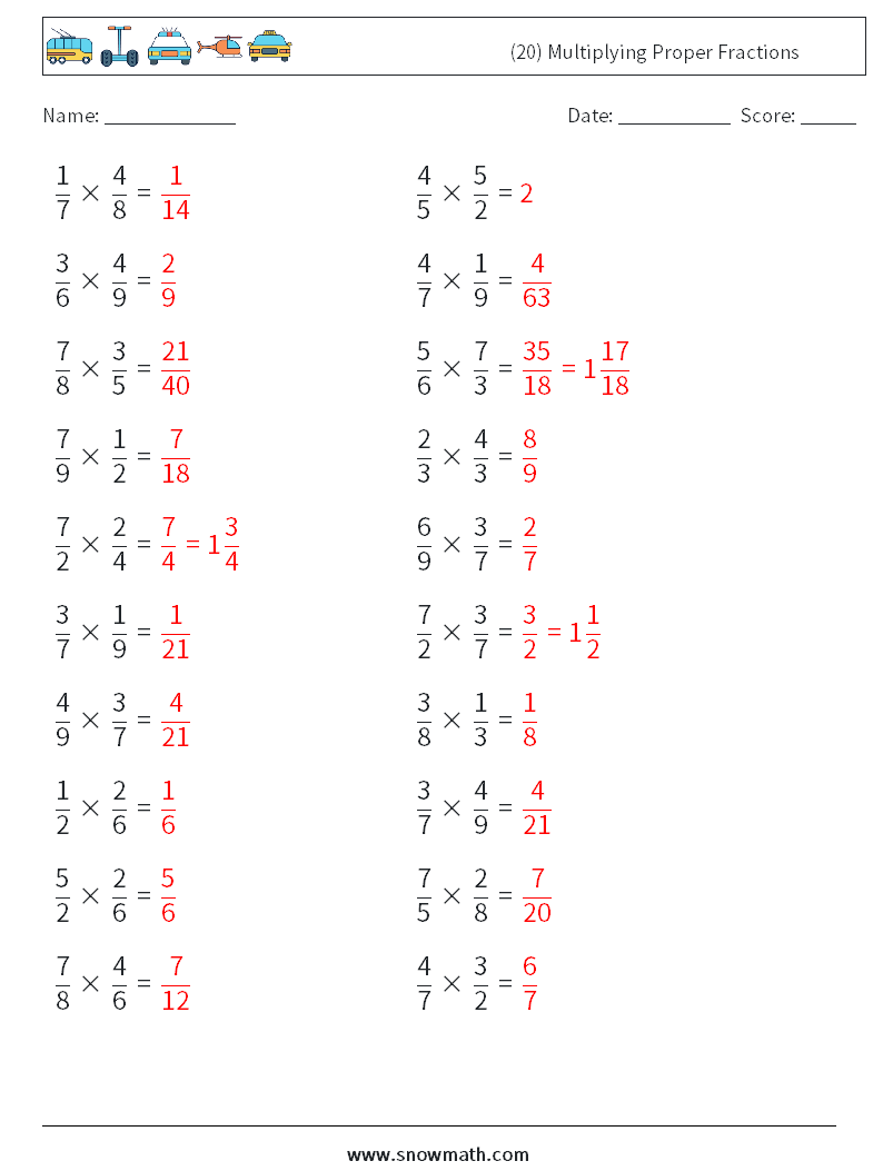 (20) Multiplying Proper Fractions Math Worksheets 18 Question, Answer