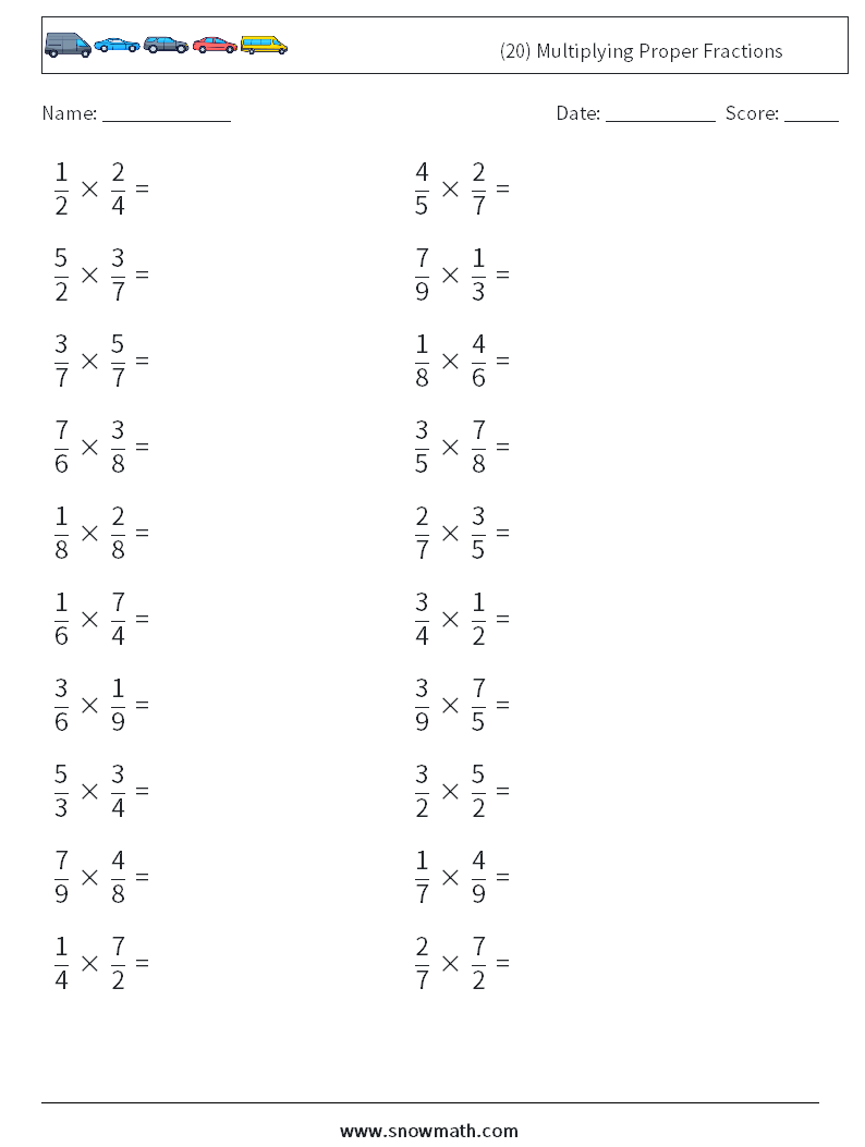 (20) Multiplying Proper Fractions Math Worksheets 2