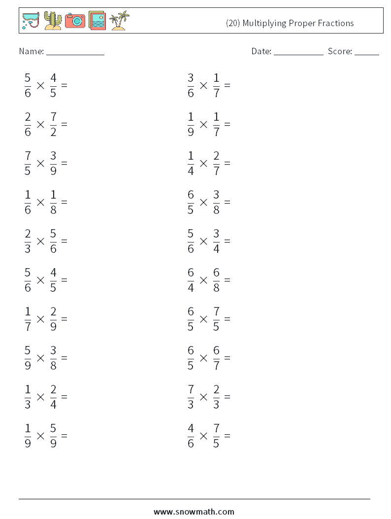 (20) Multiplying Proper Fractions Math Worksheets 6