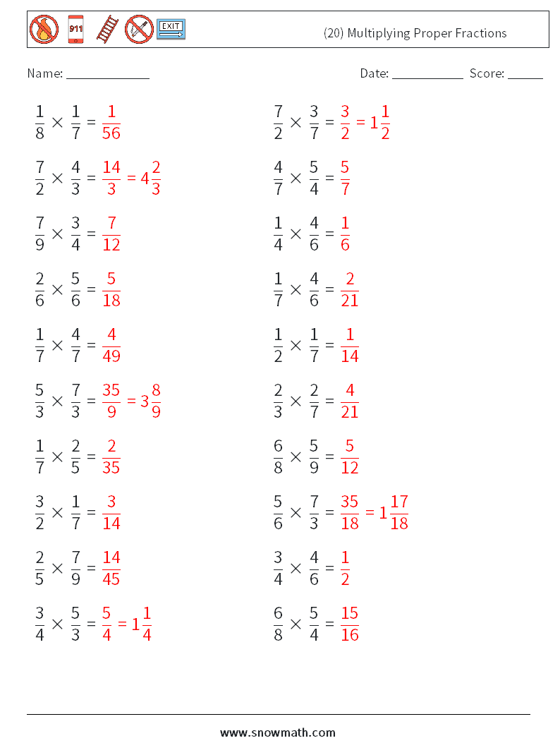 (20) Multiplying Proper Fractions Math Worksheets 8 Question, Answer