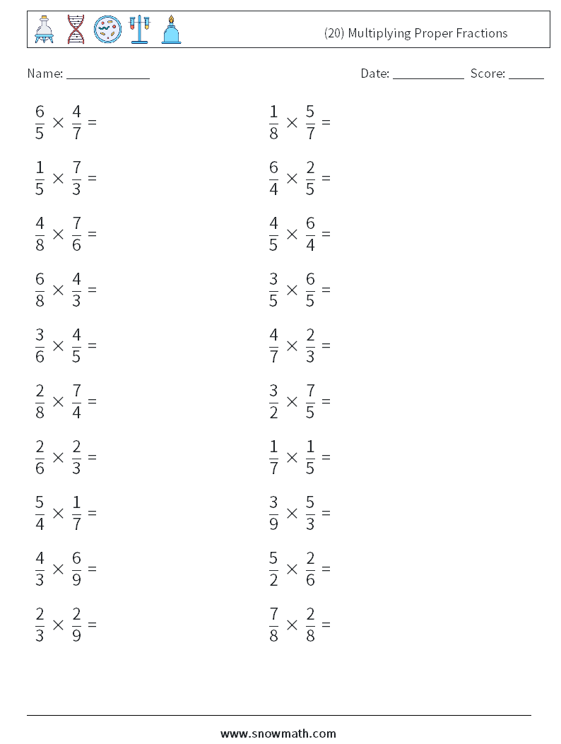 (20) Multiplying Proper Fractions Math Worksheets 9