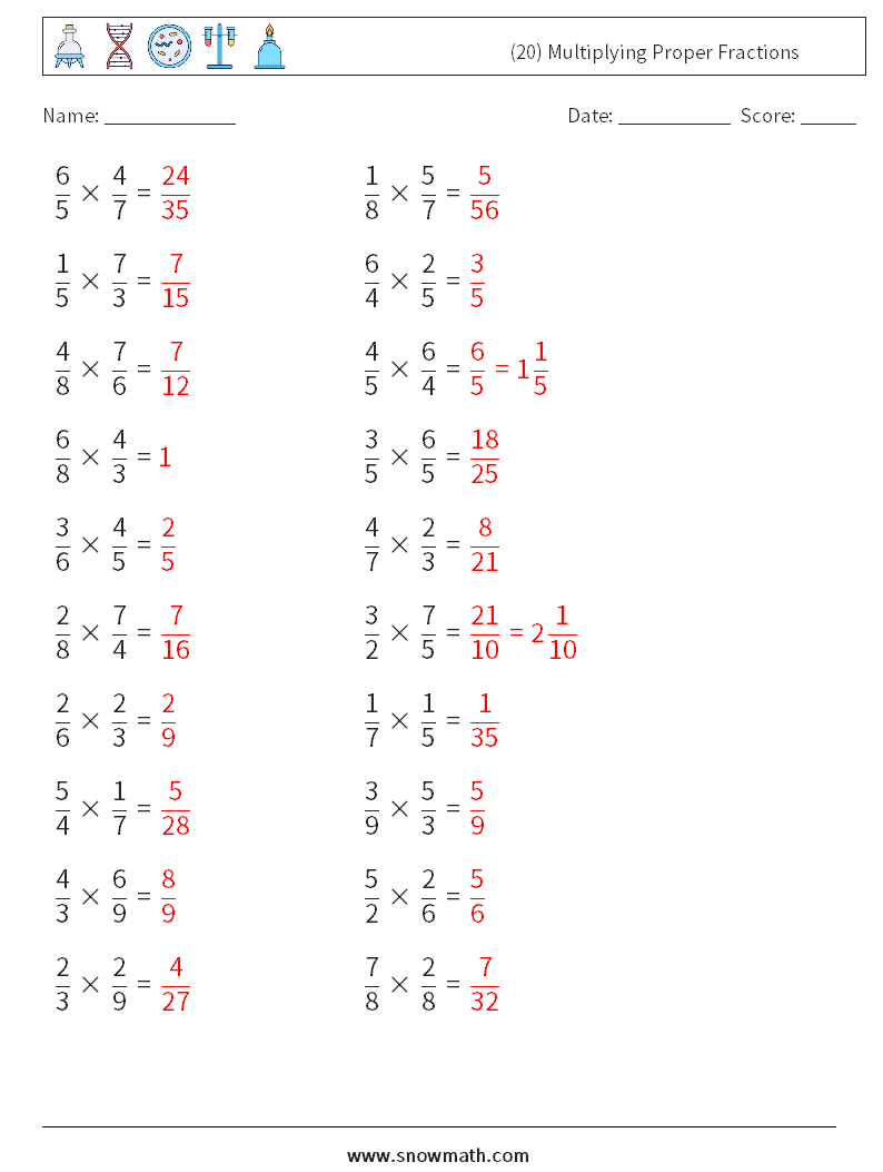 (20) Multiplying Proper Fractions Math Worksheets 9 Question, Answer