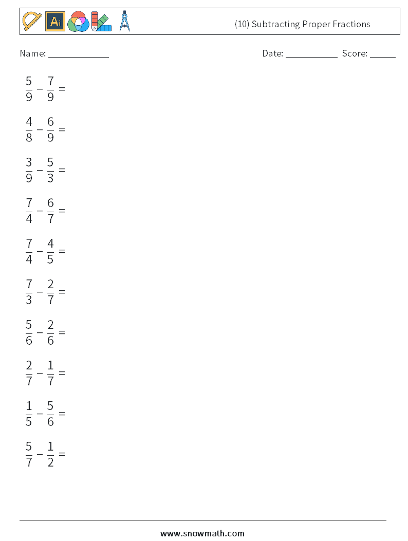 (10) Subtracting Proper Fractions Math Worksheets 1