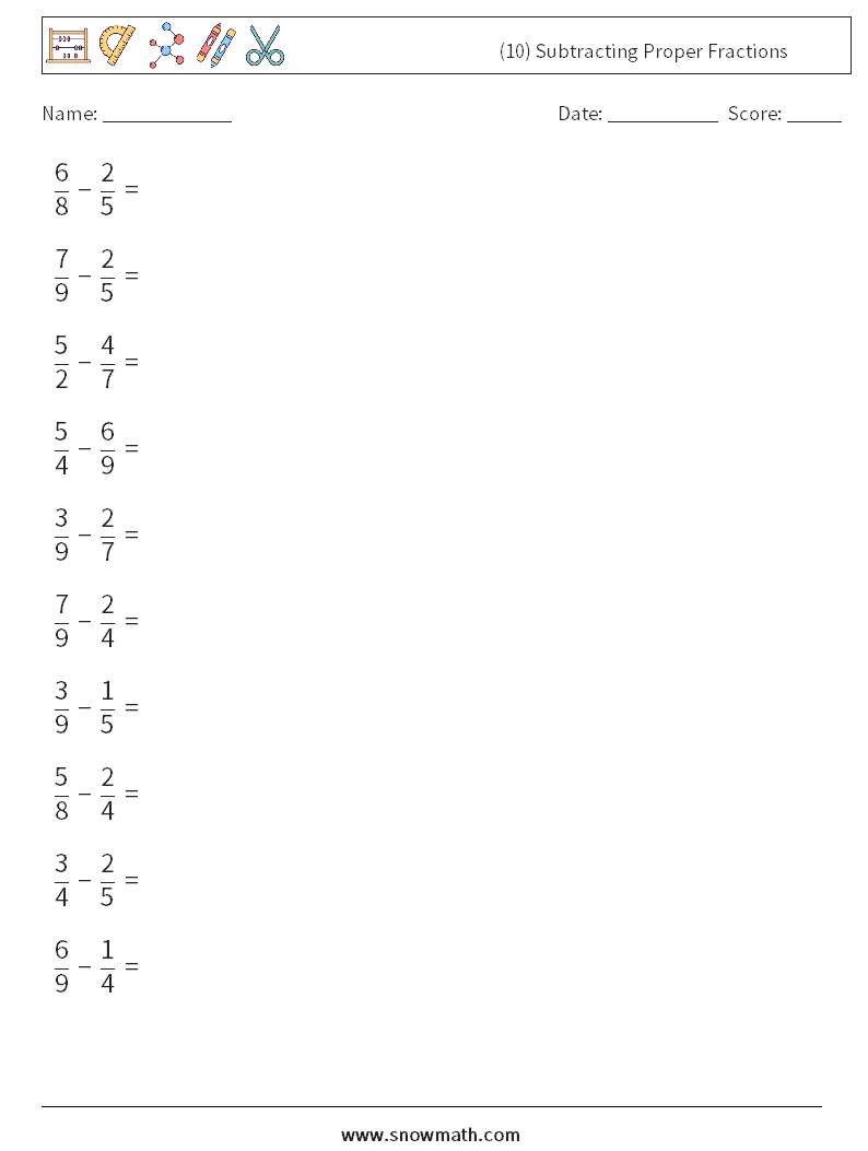 (10) Subtracting Proper Fractions Maths Worksheets 15