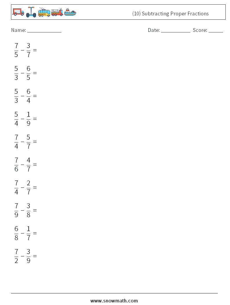 (10) Subtracting Proper Fractions Math Worksheets 16