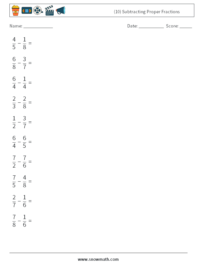 (10) Subtracting Proper Fractions Math Worksheets 17